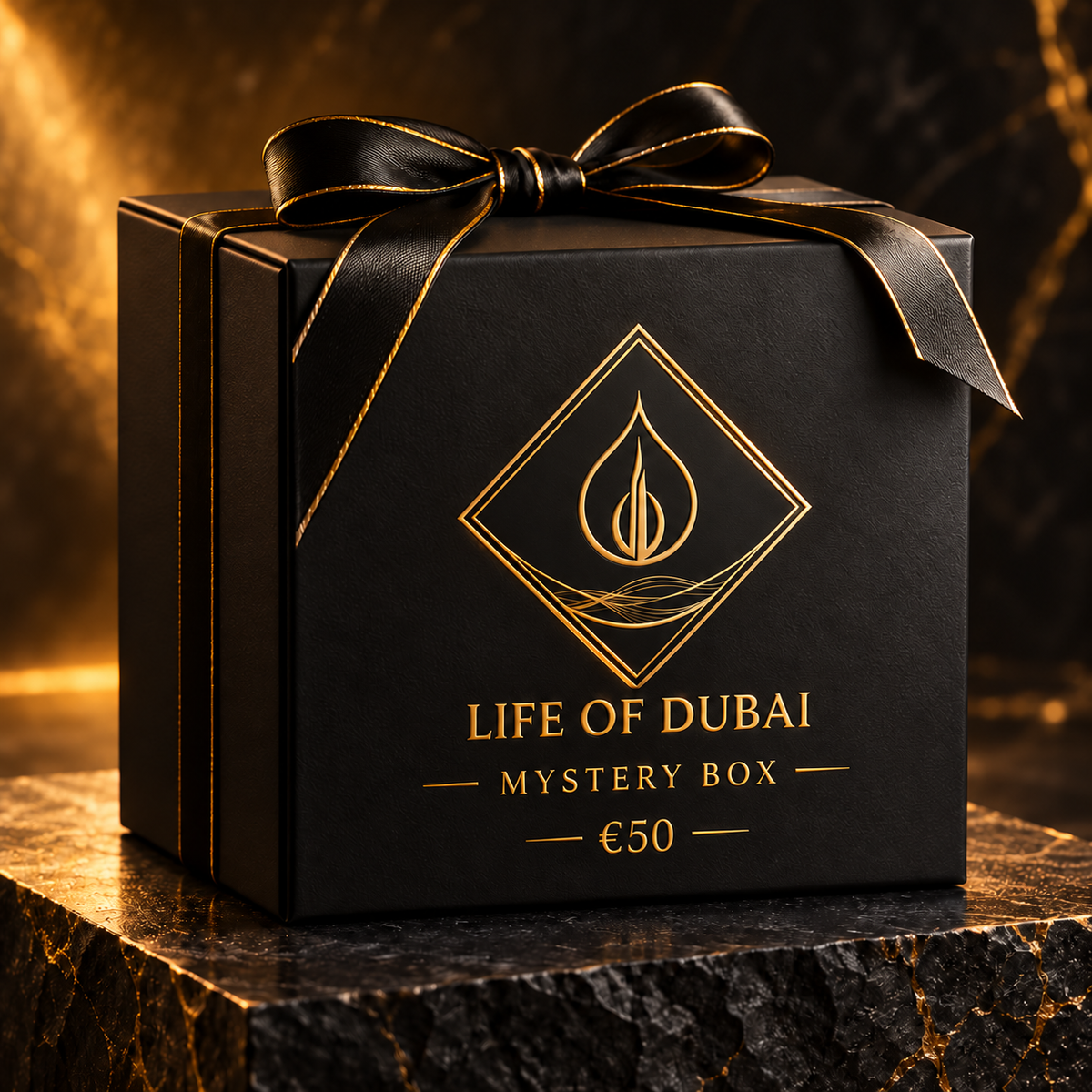Life of Dubai Mystery Box €50 – zwarte cadeaudoos met gouden logo