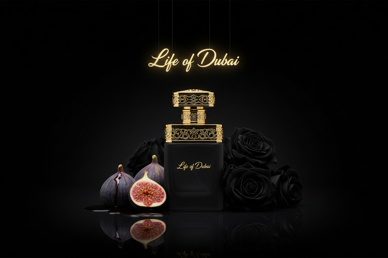 Ultra-luxury Arabic perfume photography, deep black cinematic background, a single high-end perfume bottle centered, brand logo “Life of Dubai” elegantly integrated in gold on the bottle and subtly above it, black and gold color palette, dark figs cut open beside the bottle, black roses in shadow, refined textures, matte glass and metallic gold details, dramatic low-key lighting, soft reflections, mysterious and sensual mood, high fashion editorial style, premium Arabian luxury aesthetic, minimal compositio